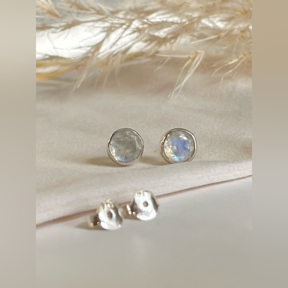 Blue Moonstone Stud Earrings 925 Sterling Silver Dainty Everyday Jewelry